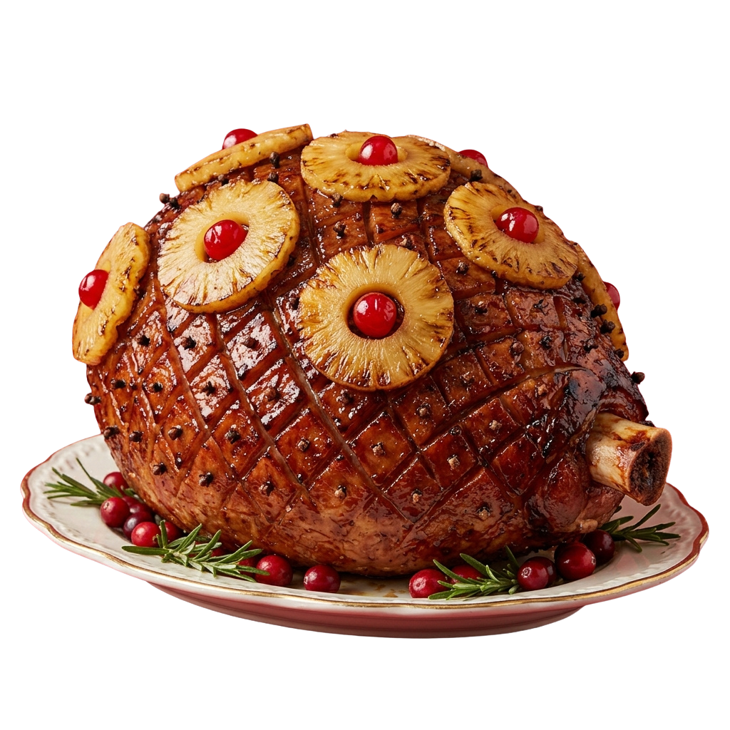 A cooked ham topped with pineapple slices and red berries on a decorative plate with greenery.
