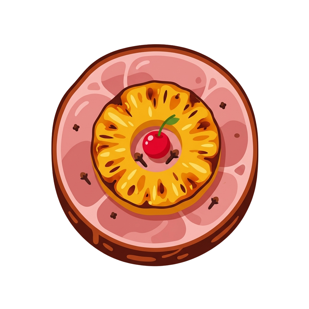 A round donut with pineapple slices and a red cherry on top