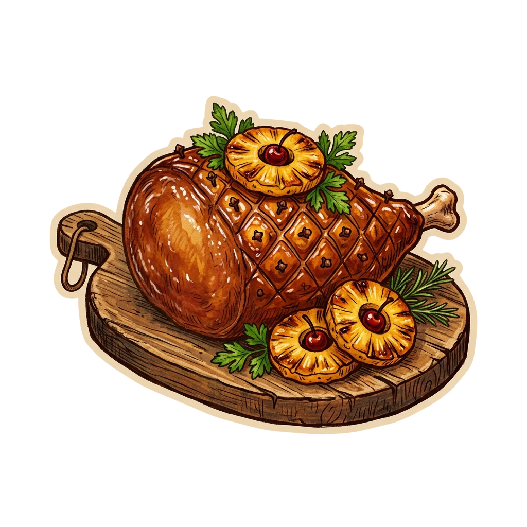 Illustration of a roasted turkey with pineapple slices on a wooden board garnished with parsley