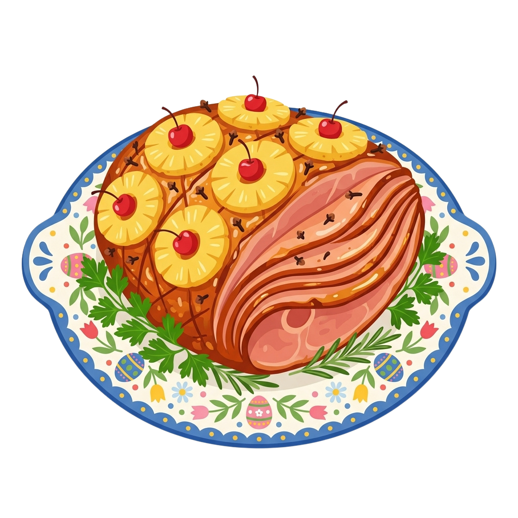 Illustrated ham with pineapple slices and cherries on a decorative plate with floral patterns