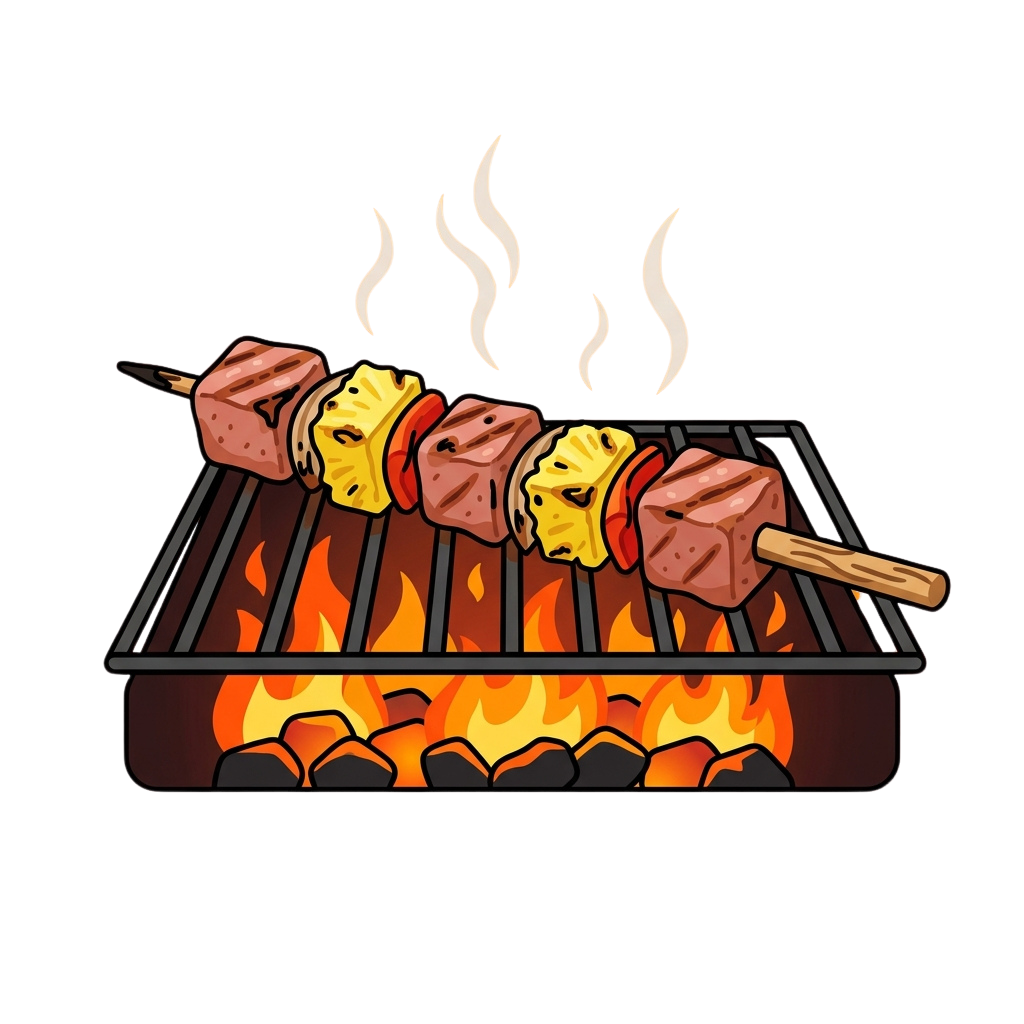 Illustration of skewered meat and cheese pieces grilling over an open charcoal fire with flames