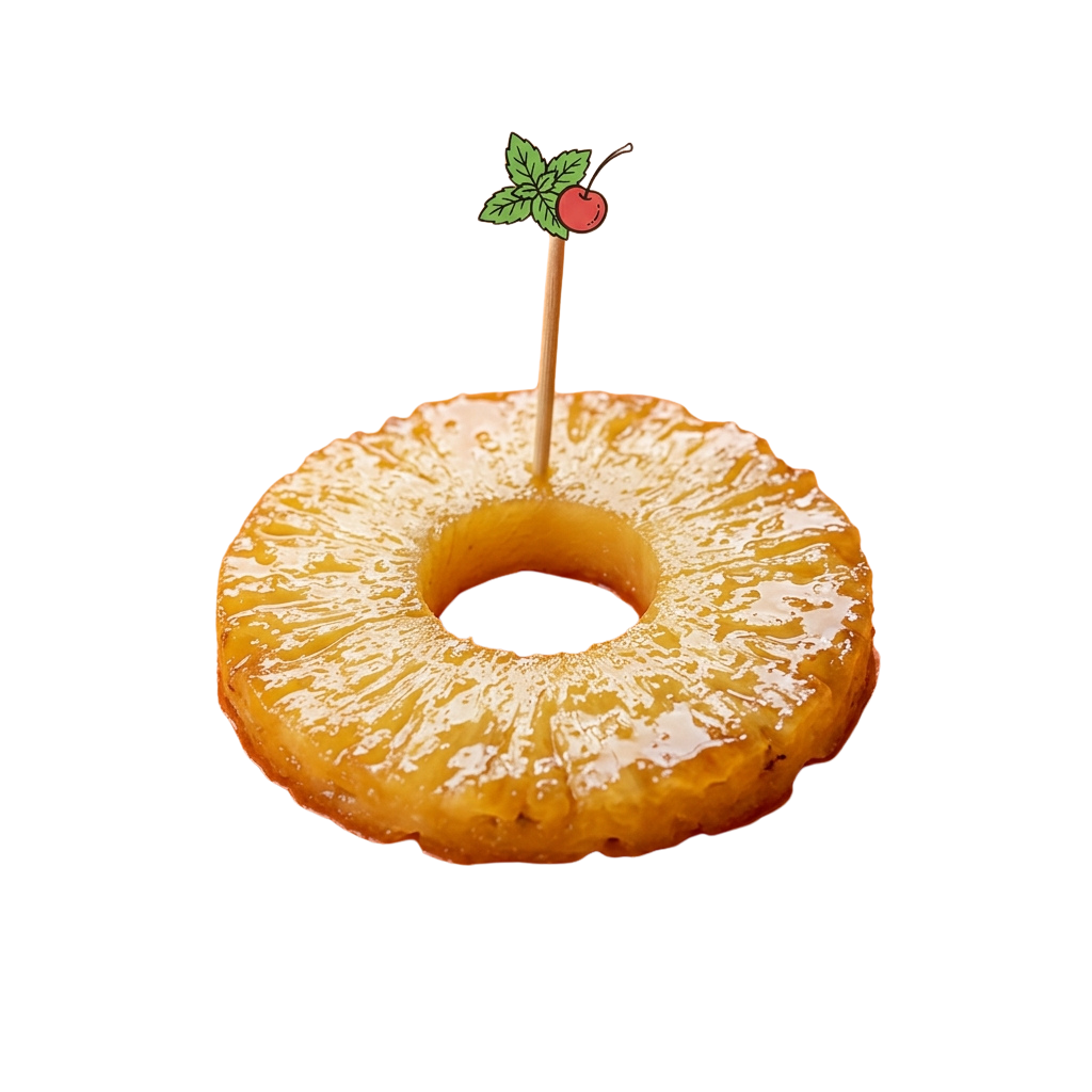 A pineapple glazed donut with a decorative cherry and leaf on a toothpick.
