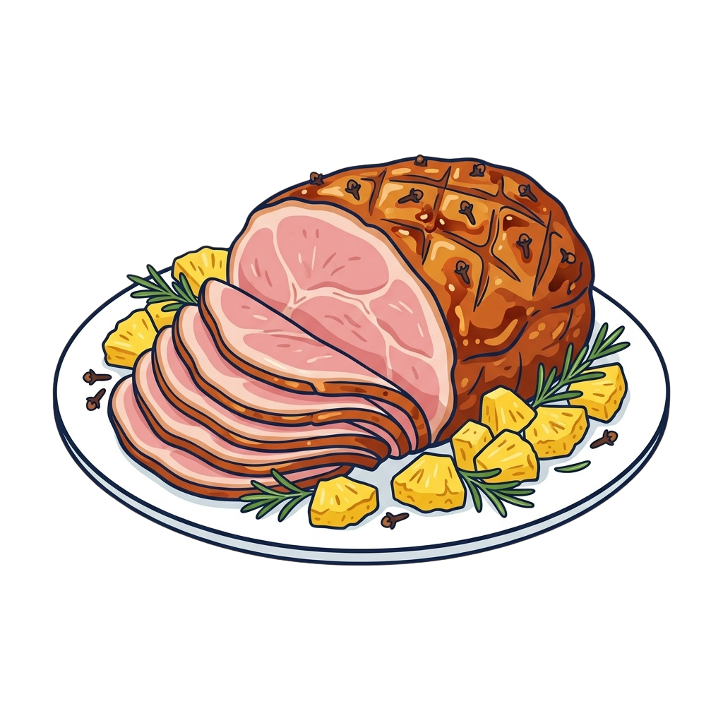 Illustration of a roast ham with caramelized glaze, sliced, served with pineapple chunks on a white plate