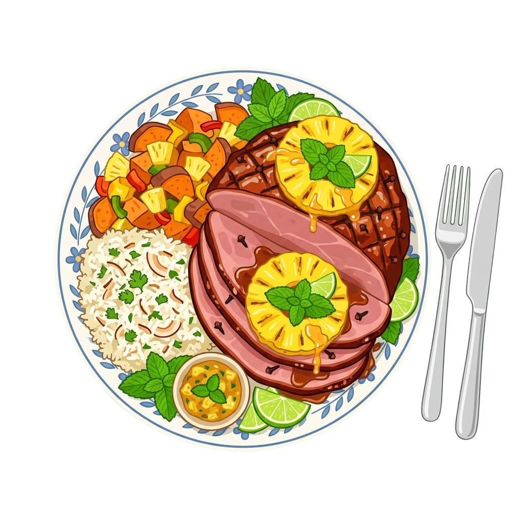 A plate of pineapple glazed steak with rice, mixed vegetables, and lime garnish alongside utensils