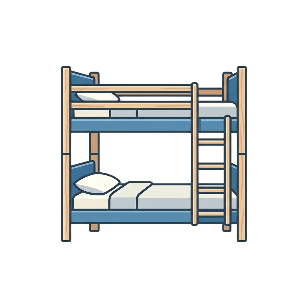 Illustration of a two-level bunk bed with blue metal frame and wooden ladder