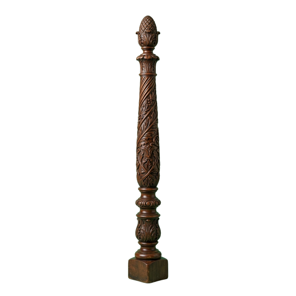 A tall wooden post with detailed floral and leaf carvings, topped with a decorative finial.