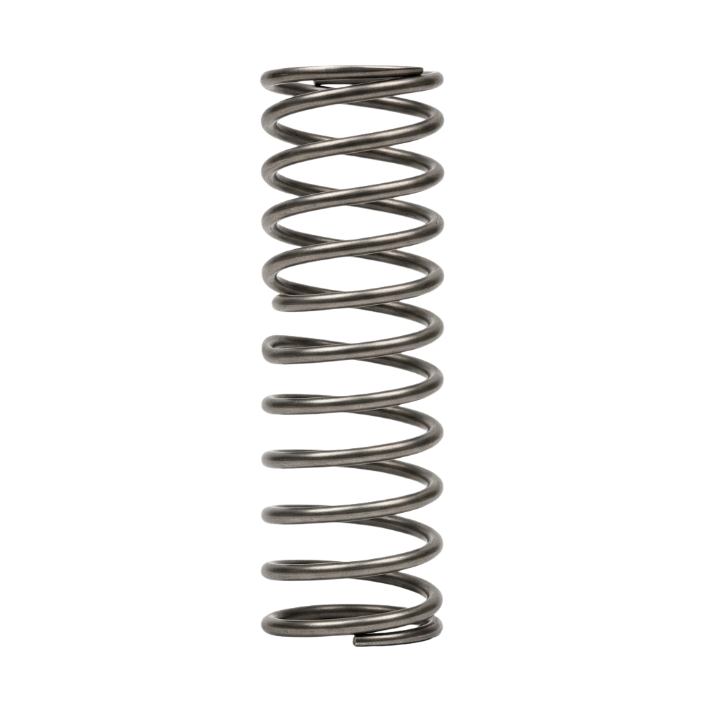 A 3D rendered image of a metallic helical compression spring with multiple tight coils.