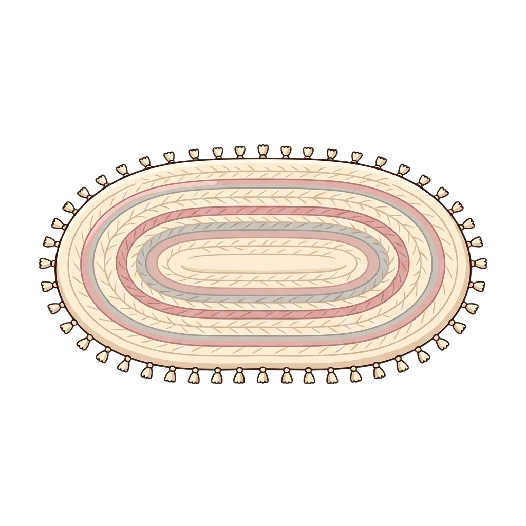 Oval-shaped rug with a decorative fringe border and layered geometric patterns in soft pastel colors