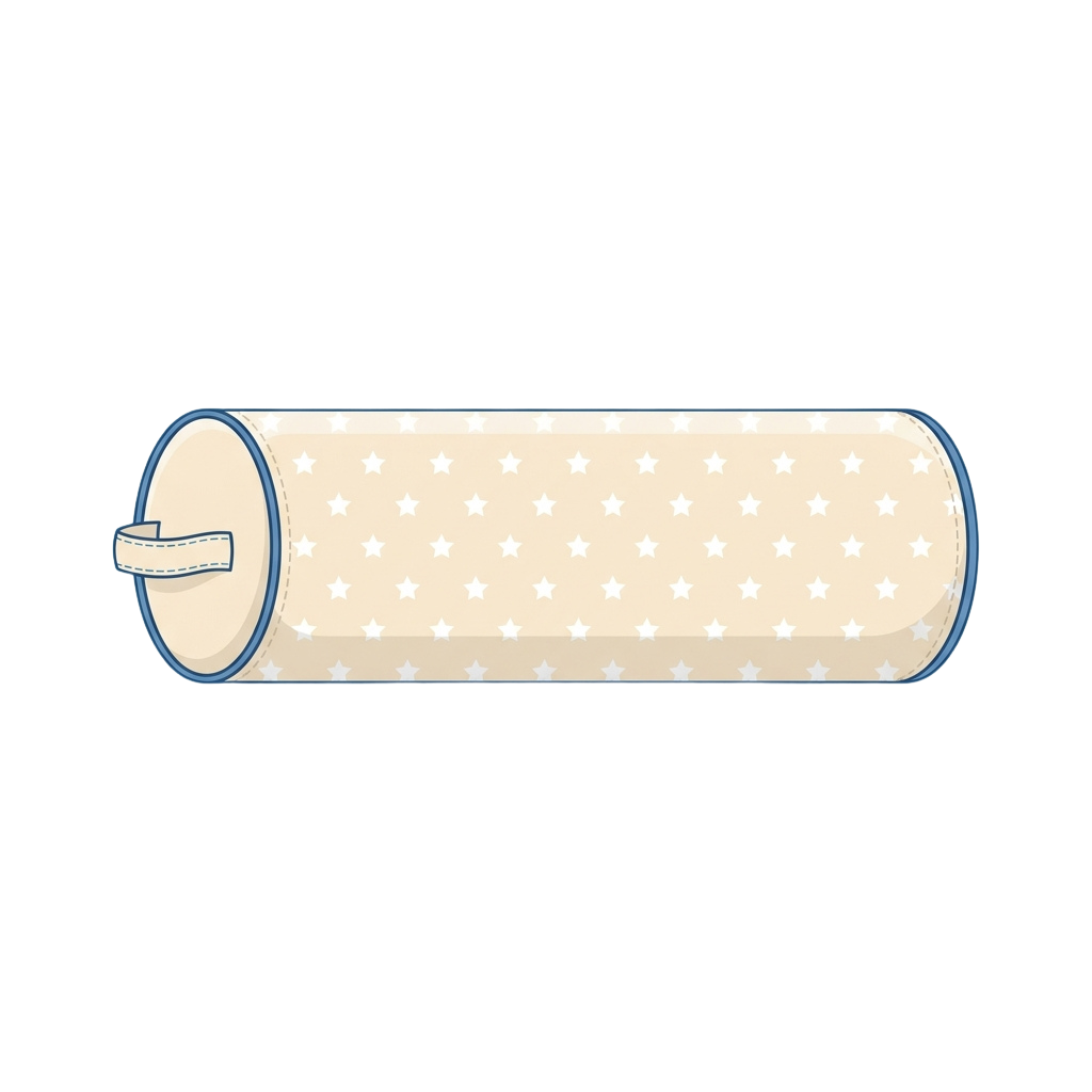 Illustration of a cylindrical fabric storage container with star pattern and blue trim