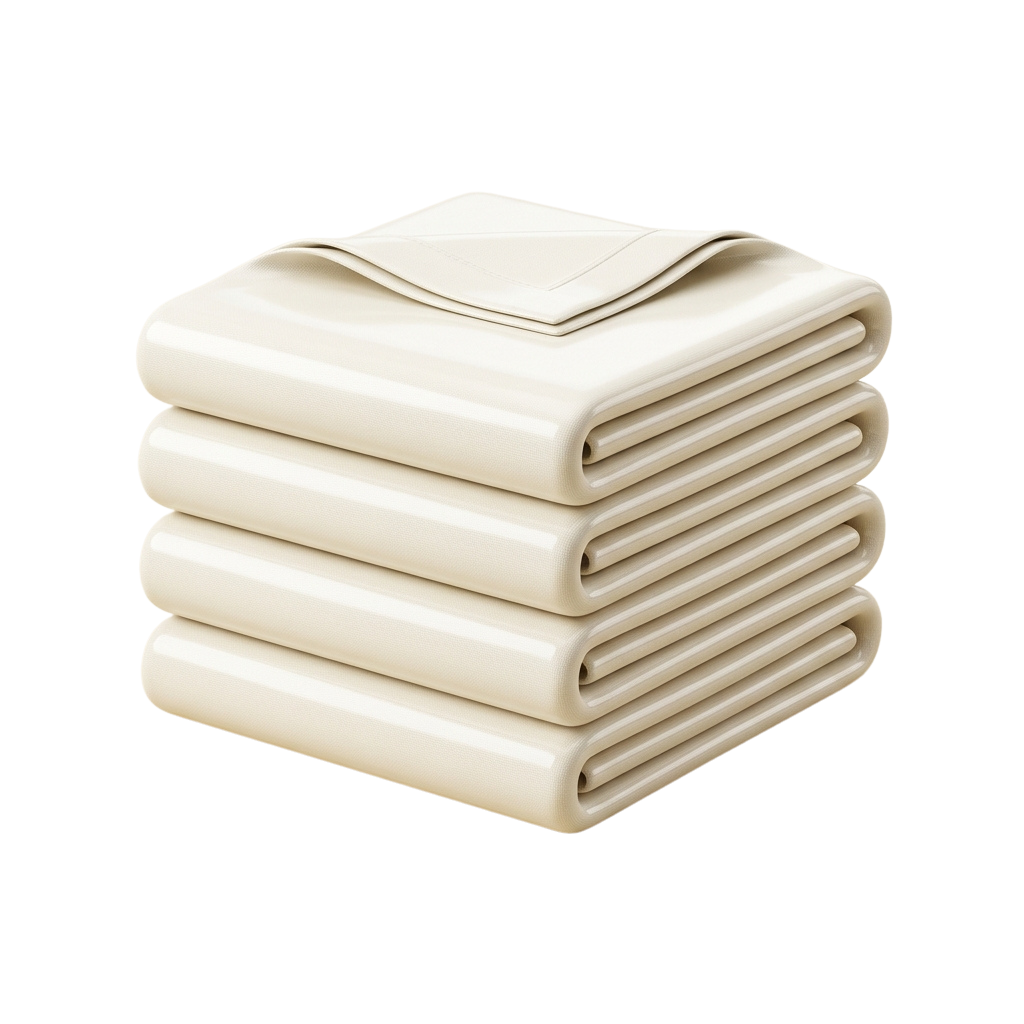 Five neatly folded cream-colored towels stacked on top of each other against a black background