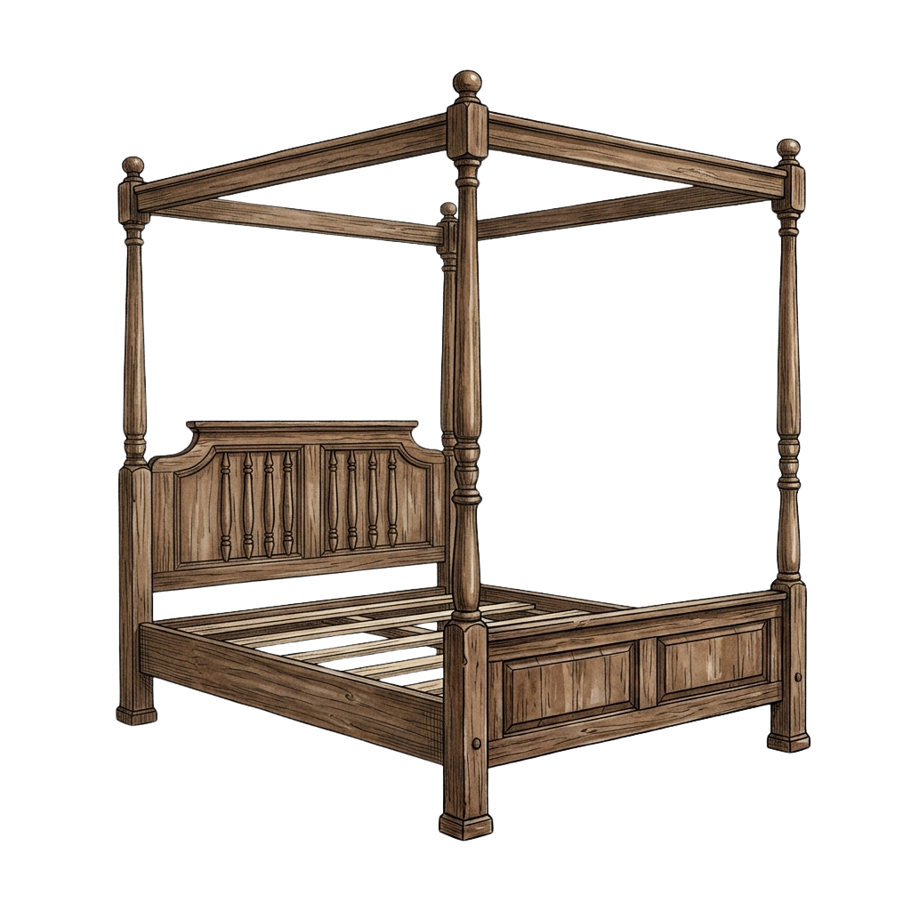 A four-post wooden canopy bed featuring intricate carvings and built-in storage drawers at the foot.