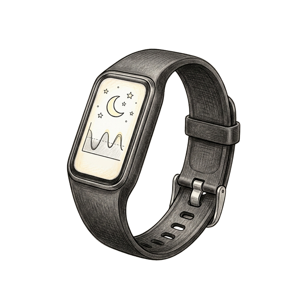 Smartwatch with a dark leather band and a screen displaying a crescent moon, stars, and a heart rate graph