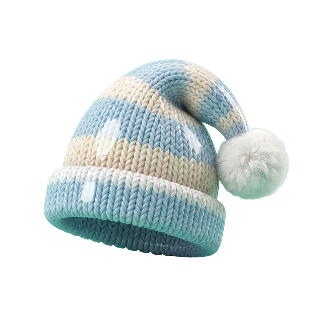Soft knitted baby hat in pastel blue and white with a fluffy white pom pom on the side