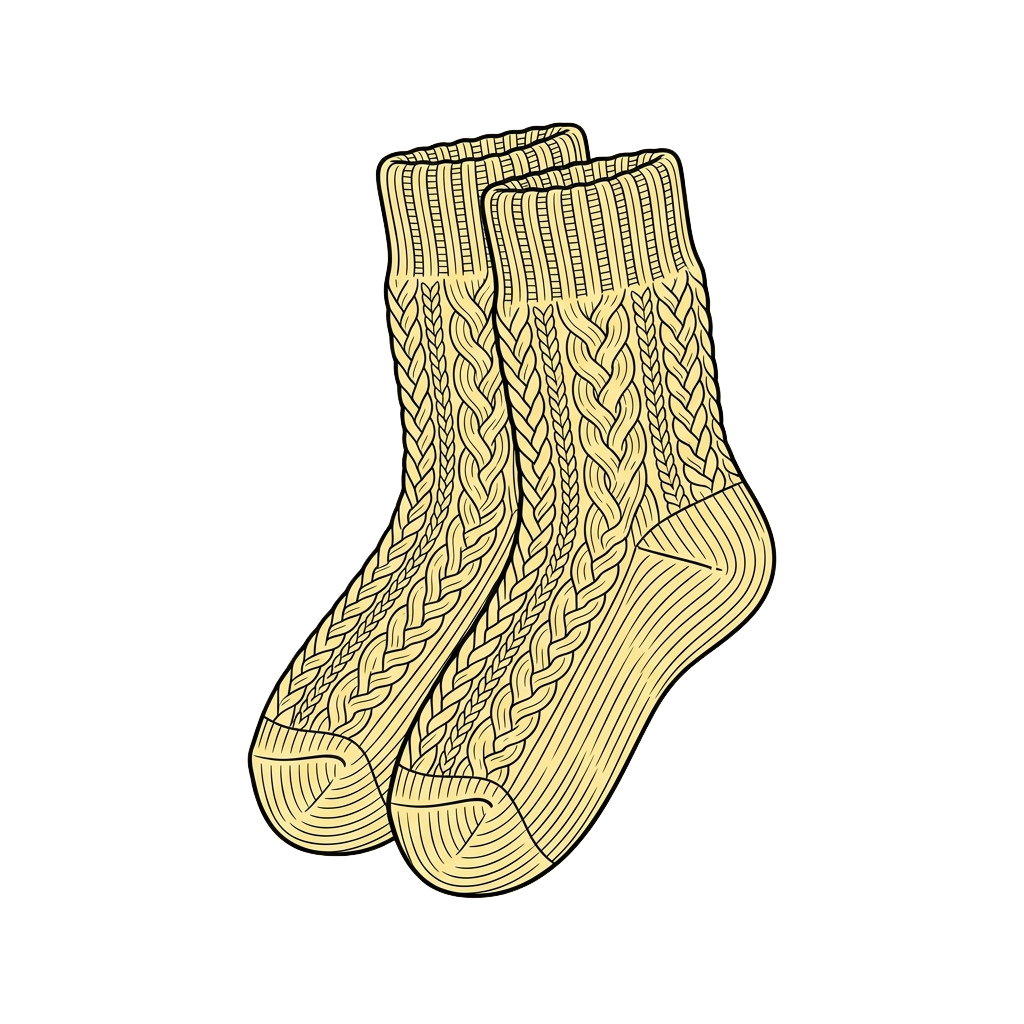Illustration of two intricately knitted socks with cable patterns on a dark background