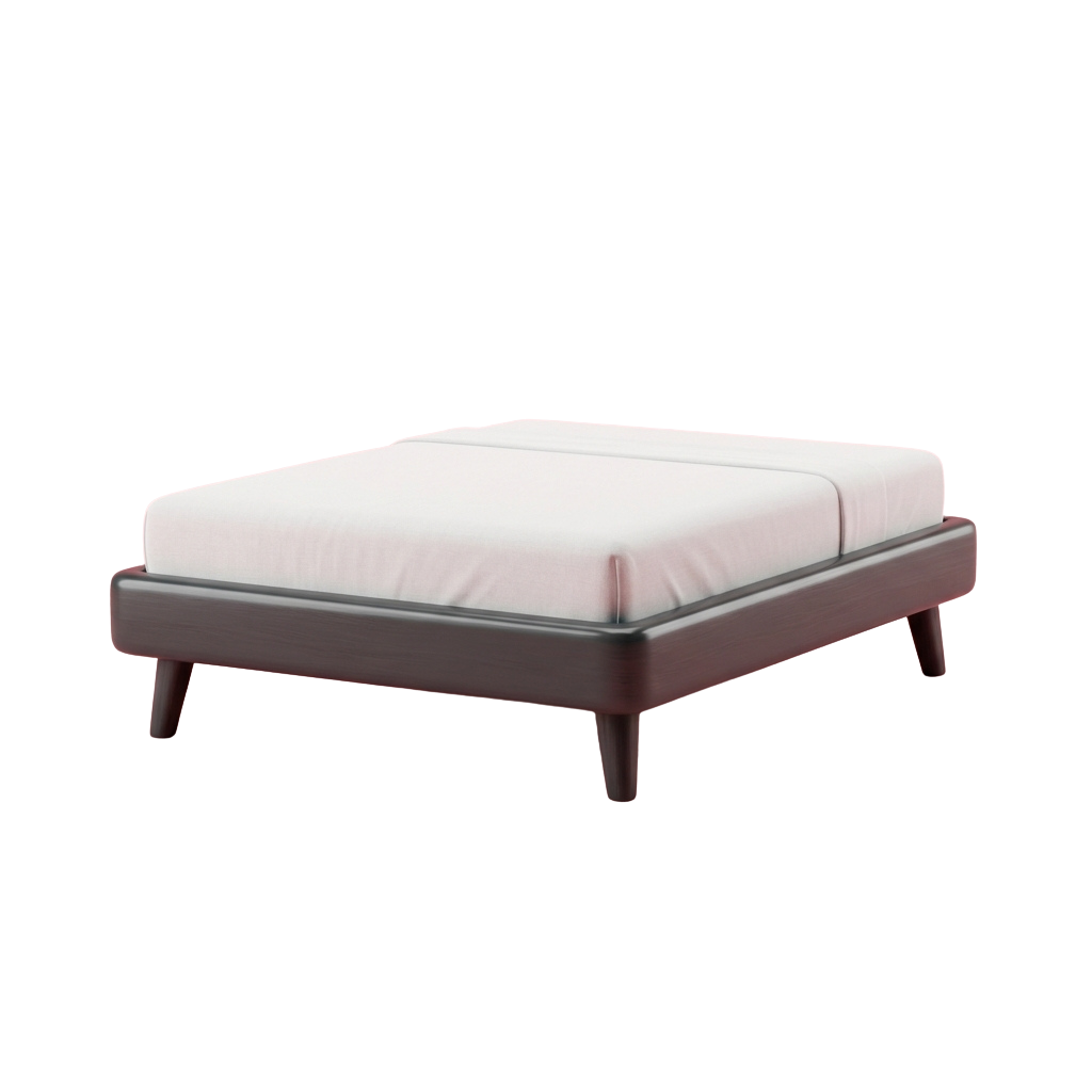 A sleek, low-profile bed with a light pink frame and white mattress, supported by four tapered legs.