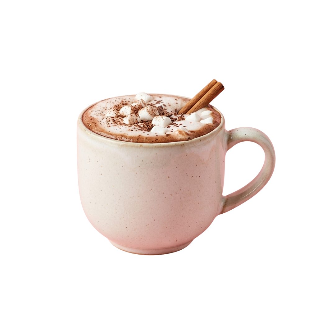 A ceramic mug filled with a pink latte topped with whipped cream and marshmallows, featuring a cinnamon stick.