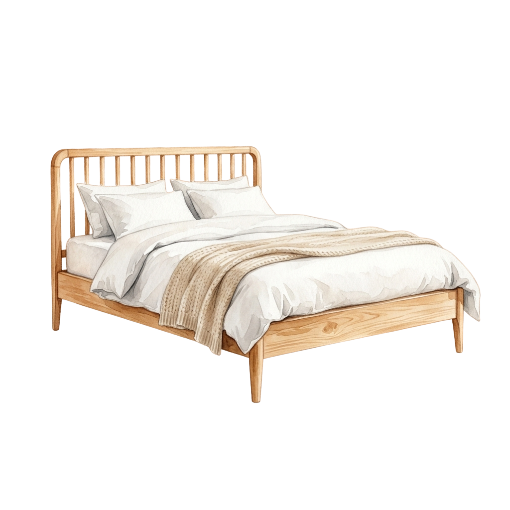 A light wood bed frame with a simple headboard, dressed in white linens and a beige knit throw blanket