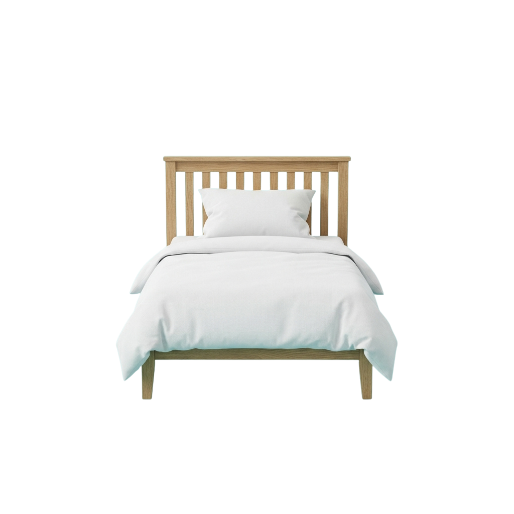A simple bed with a light wooden headboard and frame, white mattress, and two pillows