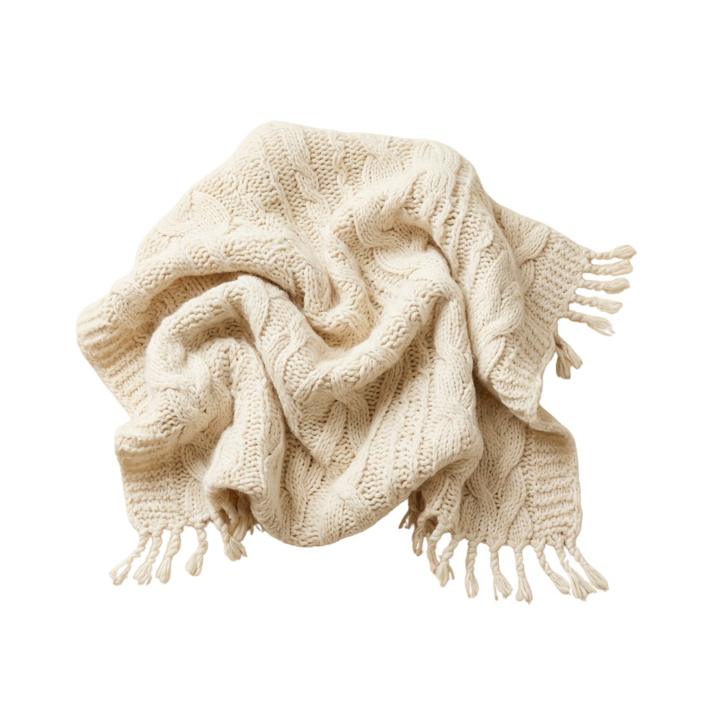 A cream-colored knitted throw blanket with textured weave and long fringe edges laid on a dark background