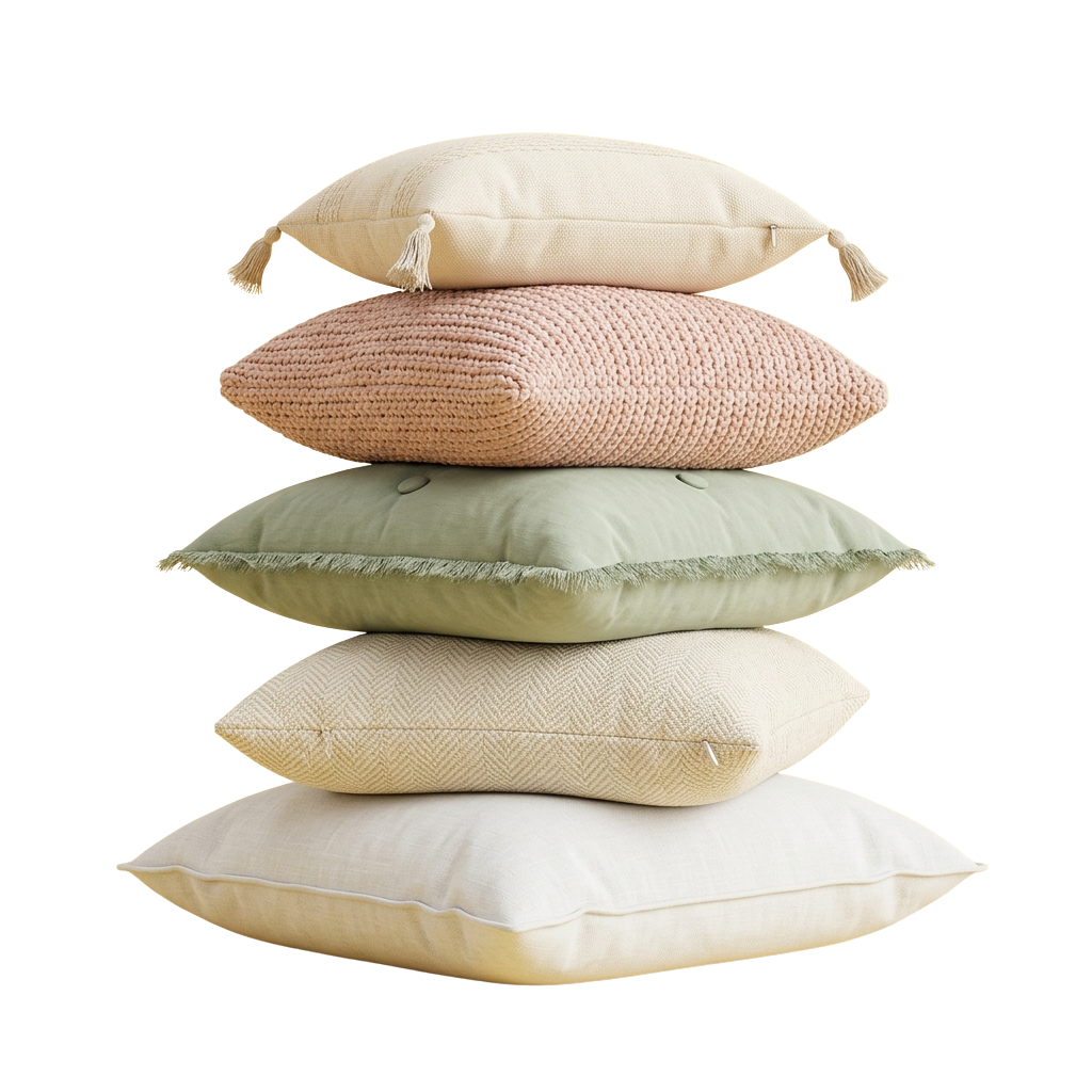 Five rectangular throw pillows stacked vertically in soft neutral tones including cream, light green, and blush pink.