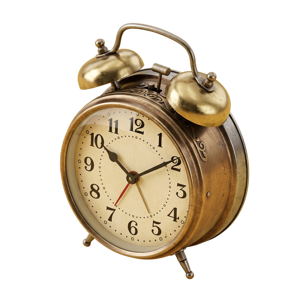 An antique brass alarm clock with two bells on top and a white face showing the time as 7:25.