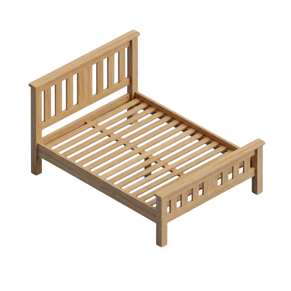 A light-colored wooden bed frame with a slatted base and lattice-style headboard