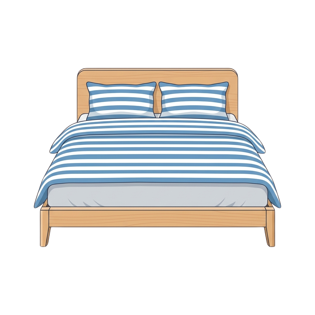 A neatly made bed with light wood frame, blue and white striped bedding, and two matching pillows.