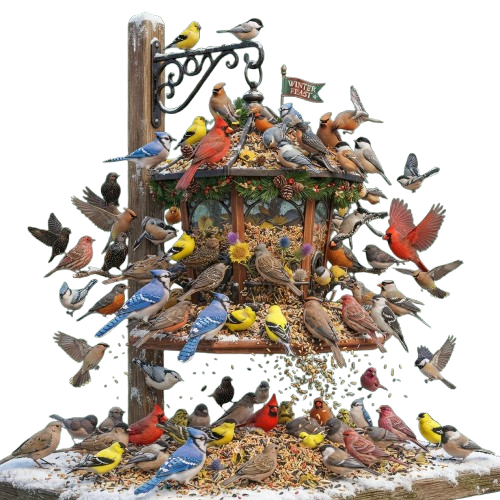 A wooden bird feeder surrounded by diverse colorful birds perched, flying, and feeding on seeds in winter.