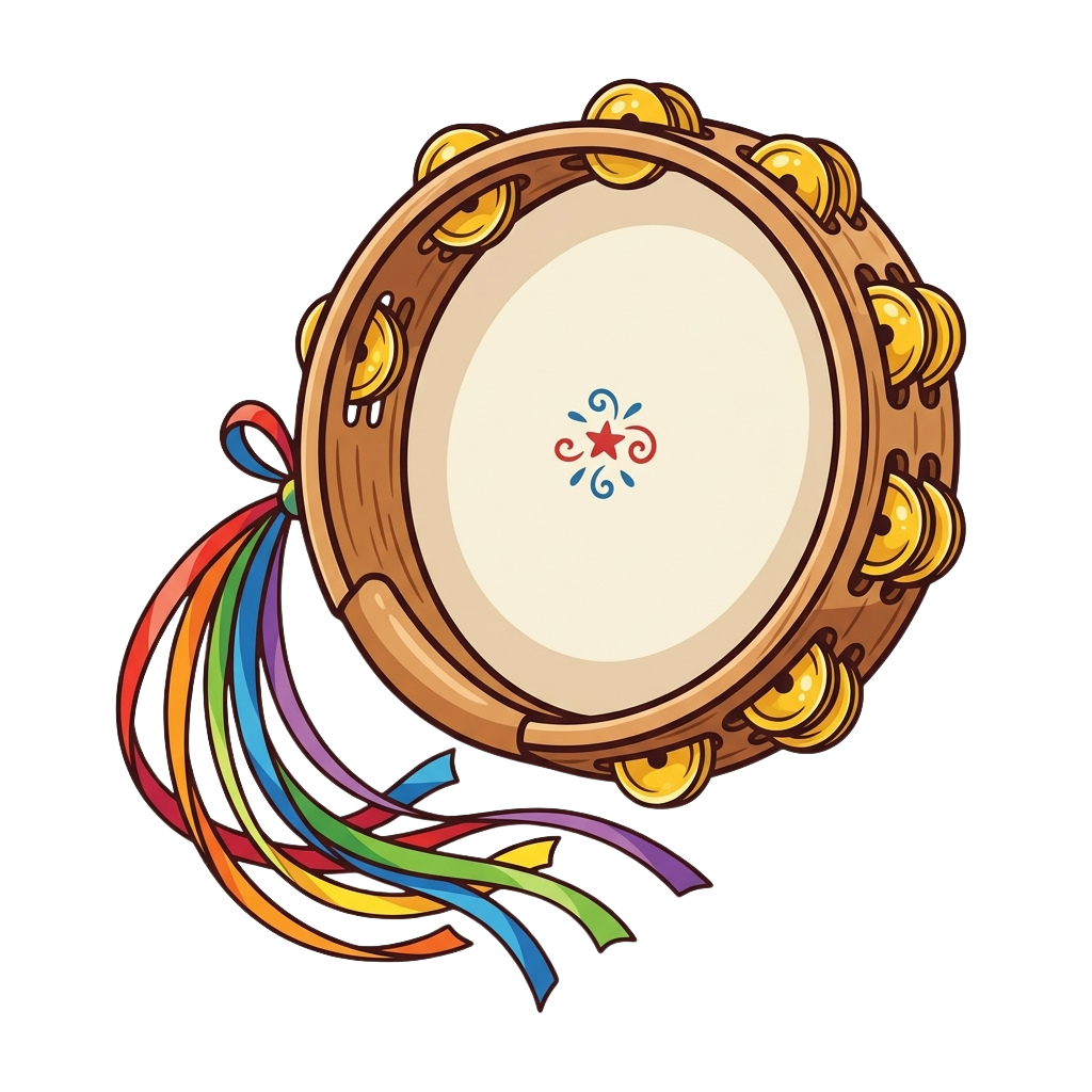 Illustration of a hand drum with decorative golden jingles and a rainbow ribbon attached
