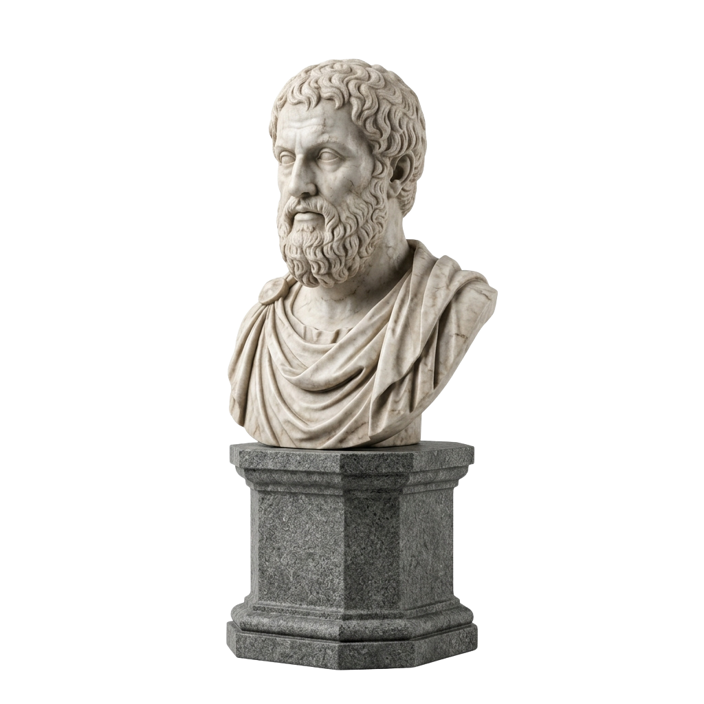Marble bust of an ancient Greek philosopher with a beard and draped garment on a square pedestal