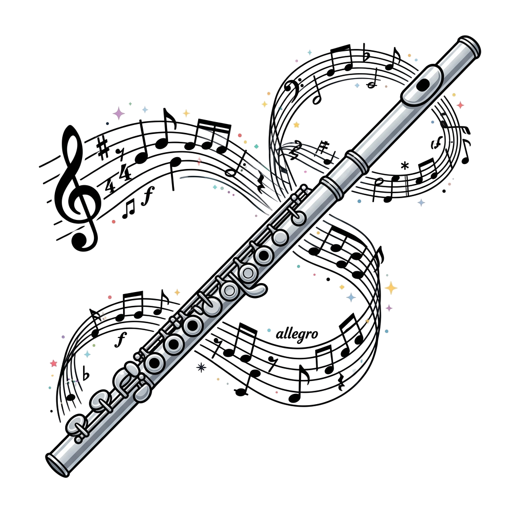 A sleek silver flute with keys against a dark starry background