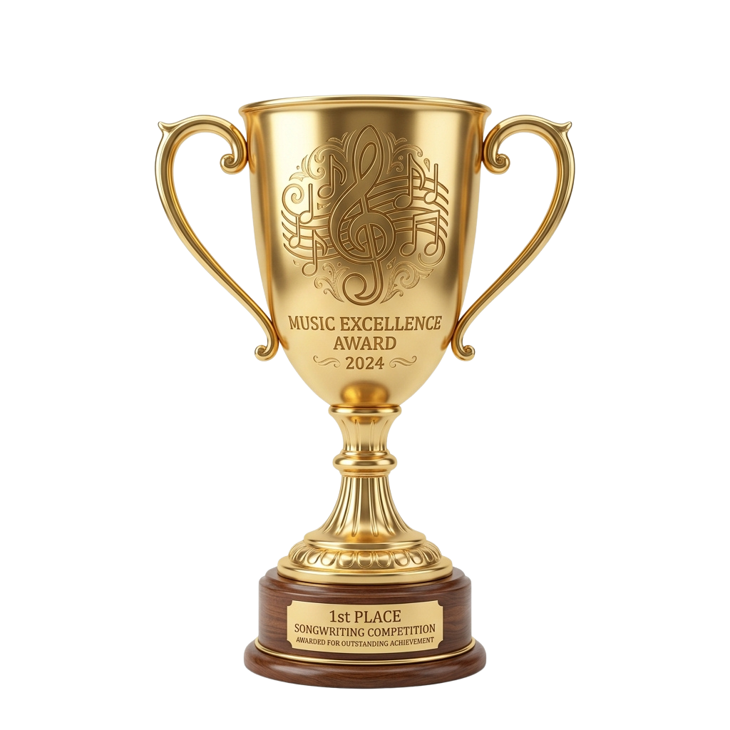 Golden trophy with musical notes design awarded for 1st place in songwriting competition