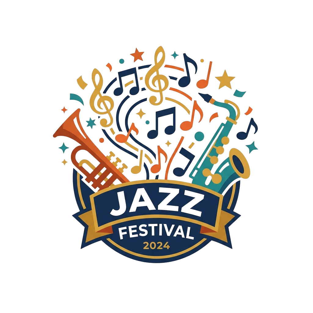 Colorful logo for Jazz Festival 2024 featuring musical notes, instruments, and a banner with the text Jazz Festival 2024