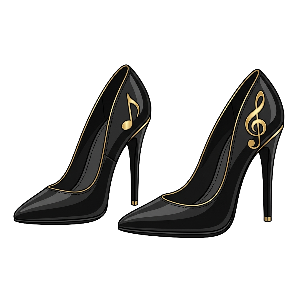 Pair of black high-heeled shoes featuring gold musical note symbols on the sides