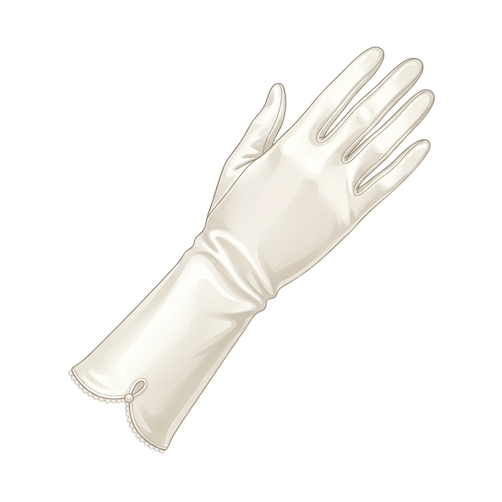 A single white latex glove with a fitted cuff and wrist closure bow