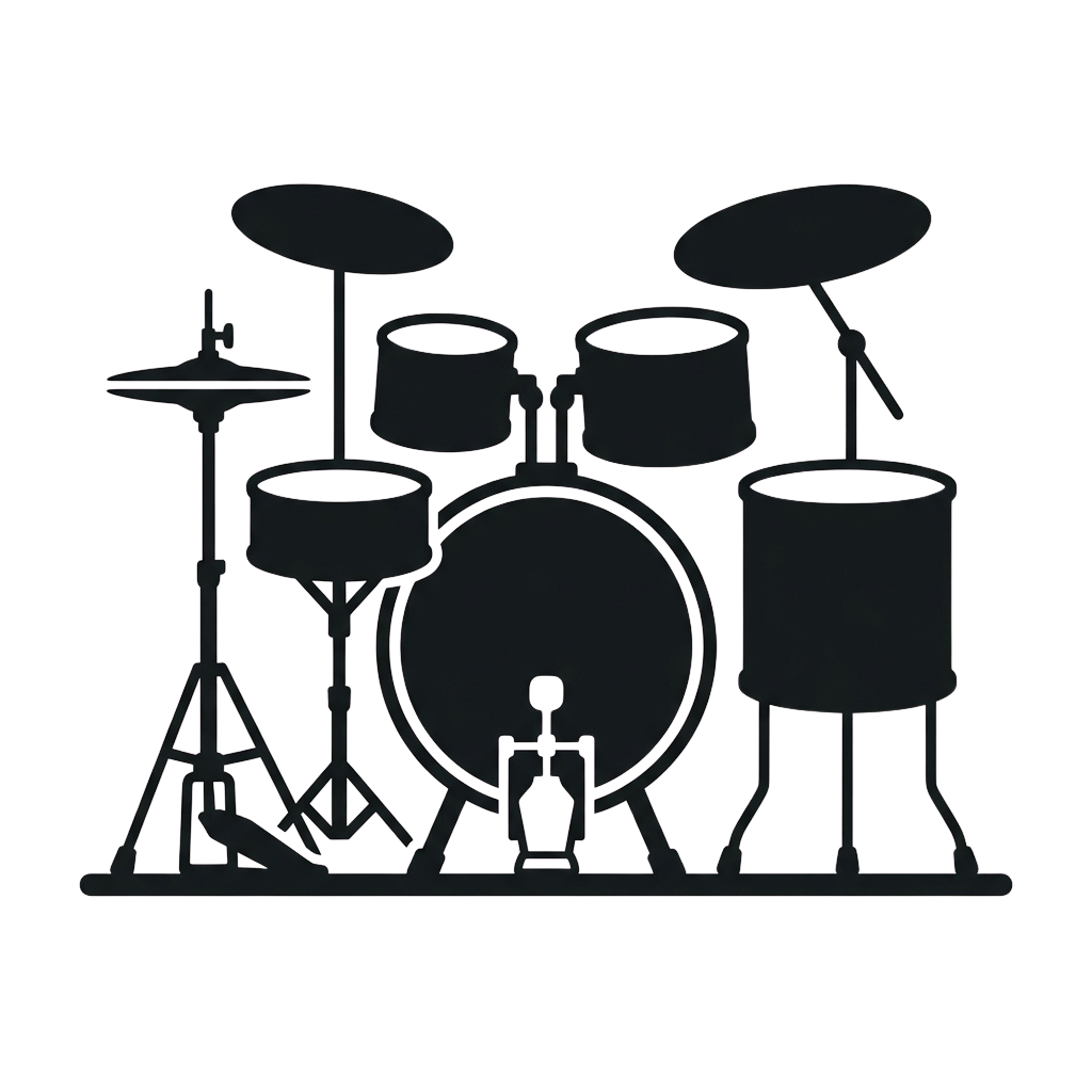 Illustration of a drum set with bass drum, snare, toms, cymbals, hi-hat, and pedal.