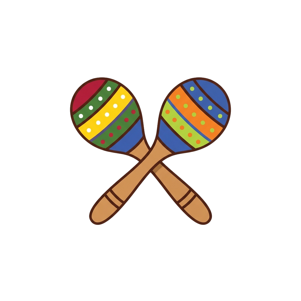 Two crossed wooden maracas with vibrant, multicolored patterns on the heads