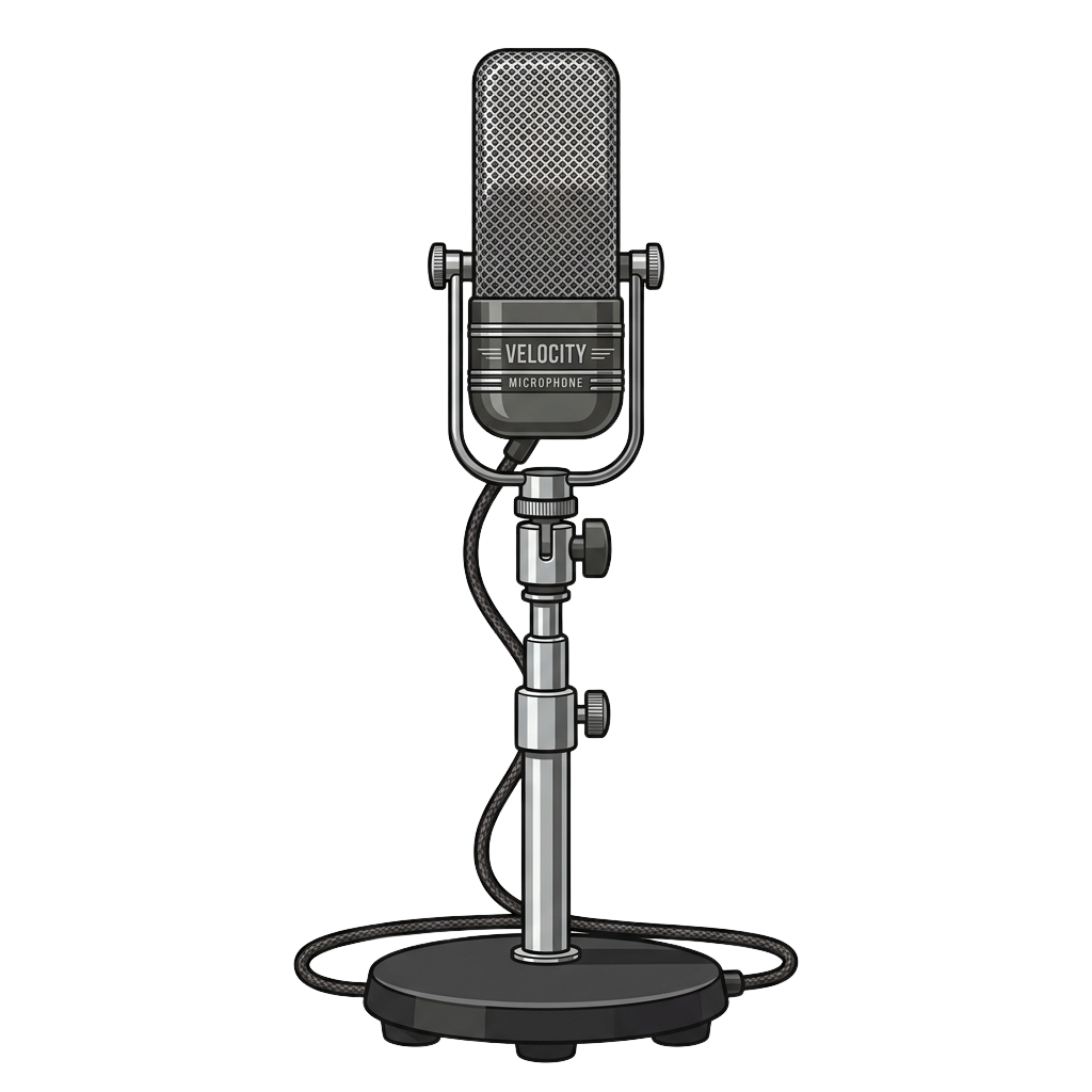Illustration of a vintage-style condenser microphone on a stand with a weighted base