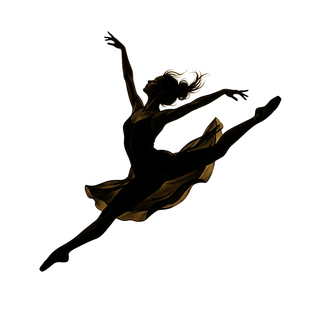 A silhouette of a ballet dancer in mid-movement, illuminated in golden light against a dark background.