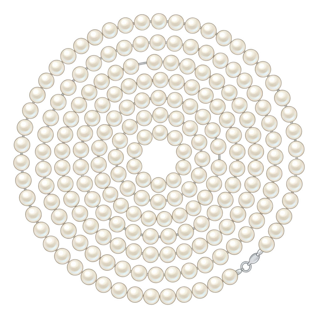 A circular arrangement of round white pearls forming a necklace pattern on a black background