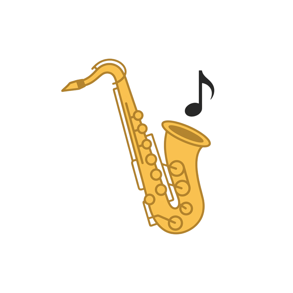 Illustration of a golden saxophone with a musical note floating beside it