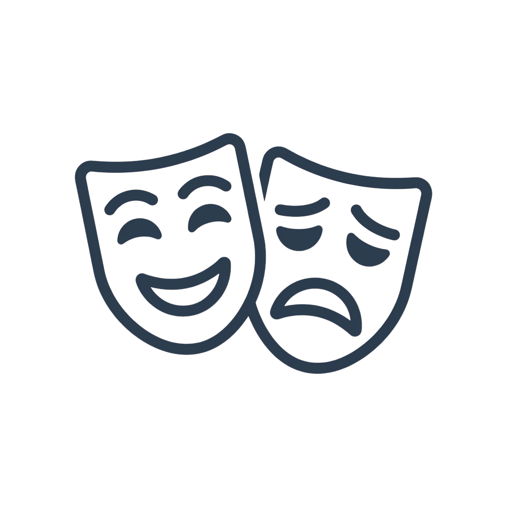 Two traditional theater masks, one smiling and one frowning, side by side