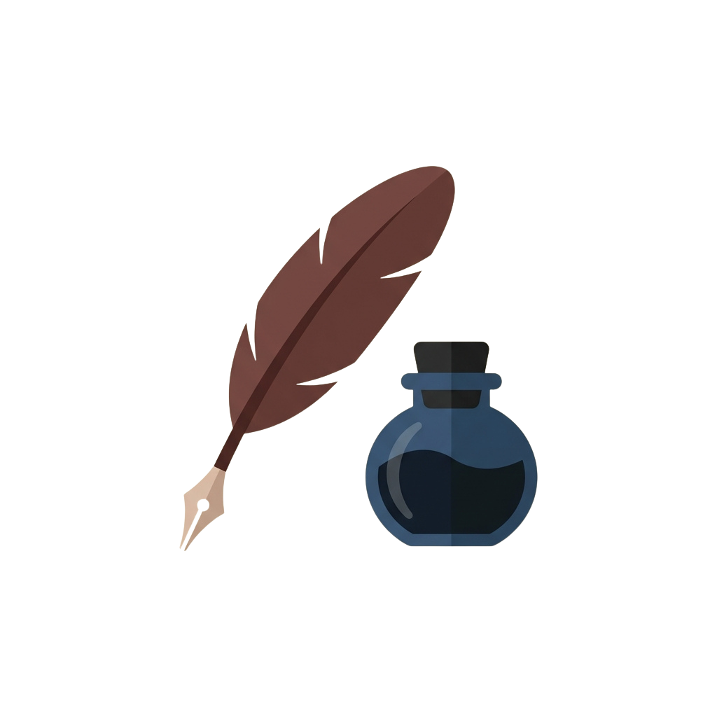 A feather quill pen with an ink bottle beside it on a dark background