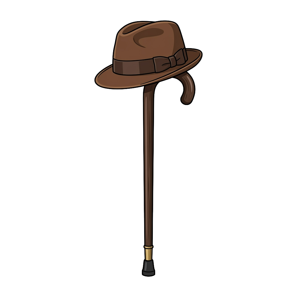 A brown fedora hat attached to a wooden cane with a curved handle