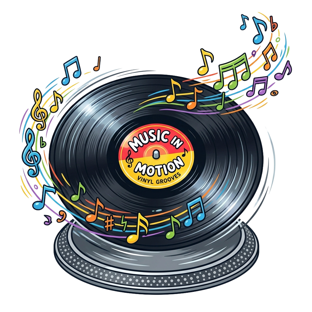 Colorful vinyl record with musical notes swirling around it labeled Music in Motion Vinyl Grooves