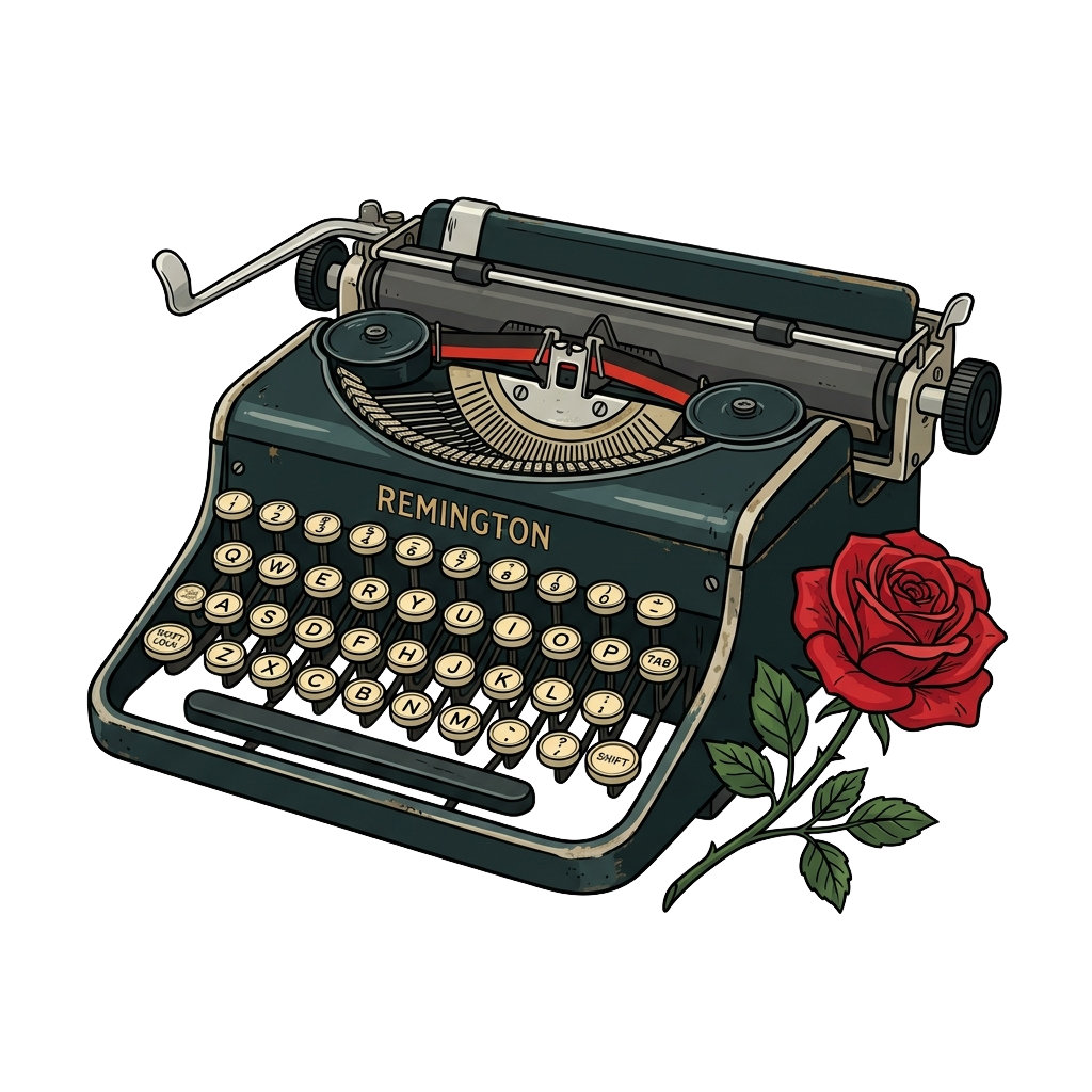A classic Remington-style typewriter with a red rose beside it
