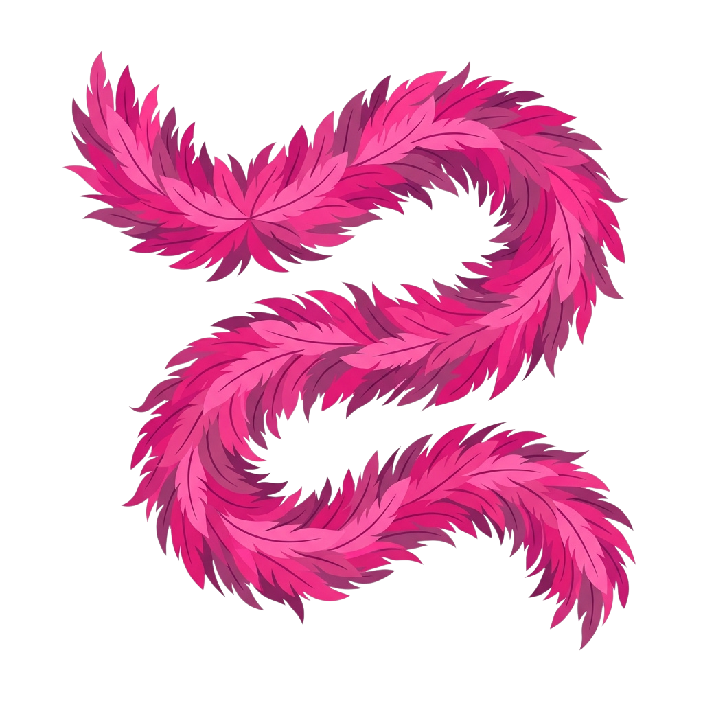 A stylized letter S made of pink feathers against a black background