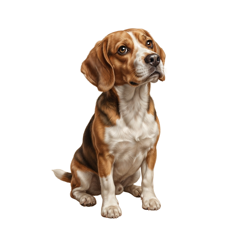 A sitting brown and white beagle dog with floppy ears looking attentively to the side