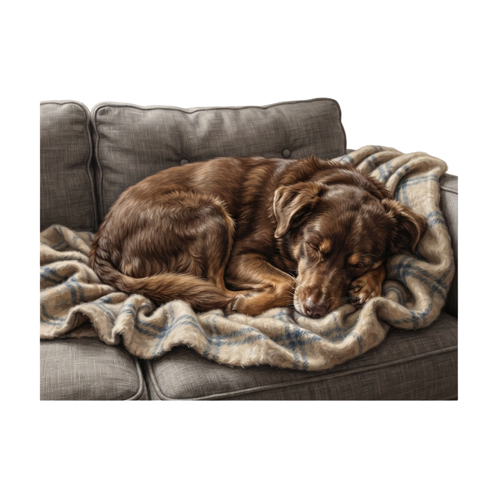 A brown dog sleeping curled up on a couch under a striped blanket