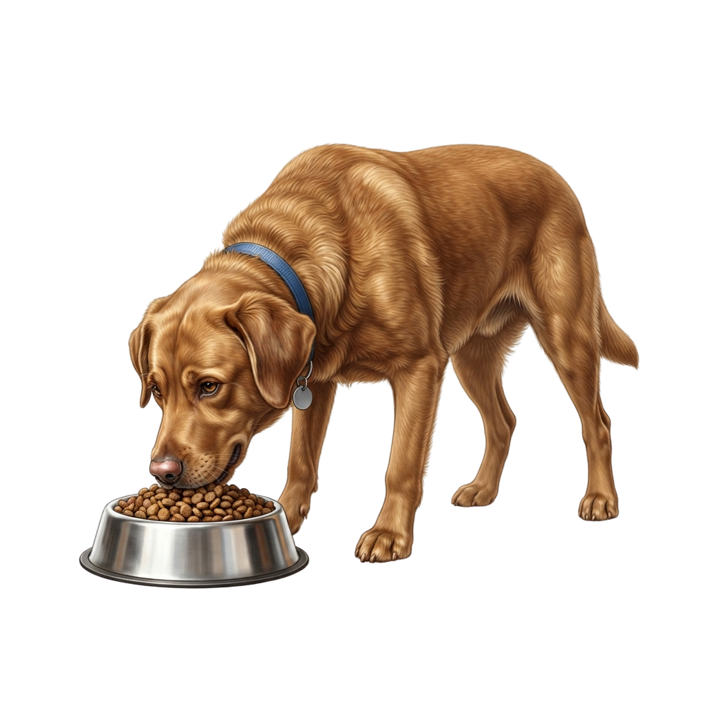 Golden Retriever dog eating kibble from a metal bowl
